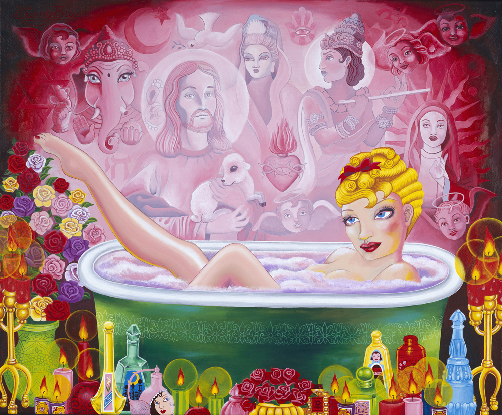 Vision in a Bathtub My painting of a girl in her bubble bath having a spiritual vision which includes all the icons of the world’s great religions. Bubbles are the symbols of illusion. Below her are beauty products, perfumes, oils, jewelled bottles; expressing bottled emotions, that her body is also a vessel waiting to be filled. Conflicting images, confusing messages, muddled illusions. Something I didn’t realize until recently, that symbolically I may have associated being clean (drug free) and beautiful (perfect), as requirements to receive blessing. Candles equal her burning desires. Purity and girl are in conflict because woman is seen as a symbol of temptation. The juxtaposition of a young girl concerned with beauty having an epiphany. Competing religious images all saying practically the same thing. She is also under their surveillance. Will she choose materialism or spiritualism? The real illusion is that there is somehow something different between the different messages. There isn’t. Anyone can be opened spirituality it doesn’t have to follow a formula. Often it’s when we are alone, focused, clean and relaxed that we are more receptive.