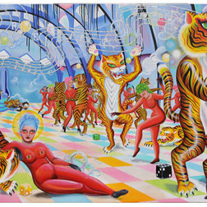 This painting has a literary reference, when reading Angela Carter's: “Nights at the circus”, a striking visualization came to me. There is a passage where Mignon, a minor character sings with the Princess of Abyssinia and learns that she can hypnotise the tigers with her voice and then eventually develops the courage to dance with them. The force and the strength of the tiger in contrast to the semi-nudity of the women in the painting suggests the disproportion, the enormous gap, in the fight against sexism and oppression. This discord, the extent of the unfairness shows how hard the combat will be. I like the absurdity of the idea of such an impossible feat (taming a tiger), breaking its natural impulse, too dangerous; simply stupid or naive, tempting such peril. First of all the tiger is armed with superior weight, claws, and fangs! Plus femininity values frailty, beauty, and fragility; but what good do those attributes do you on the battlefield? And navagating sexual politics in this society is like going to war. Women's keys to breaking down traditional roles of passivity and aggression are fearlessness, trust, and patience, reversing the roles of predator and prey. We learn roles, we learn our places in society. Are we just animals that have been tamed and trained ? The Marquis de Sade said that we are either predator or prey, and that “predators must and will devour their natural prey”. To escape the role of the sacrificial lamb, (to be a piece of meat), his suggestion for women was to adopt the characteristics of the predator; because it is an “eat or be eaten” world. But if we want a better society; this is not the solution! The women in my tableau are learning from the tigers how to stage a revolution, not by copying the patriarchal model or adhering to any dogma. No leaning on established beliefs or religious doctrine; just using their own experience, developing an animal instinct. Learning: A recurring theme in the stories of Angela Carter, is women becoming “increasingly feral and cat-like”. “The lamb must learn to run with the tigers”, she wrote in regards to de Sade and the subject of adopting “tigerhood”. Tired of being tame the tiger woman wants to break free, to dance toward a rhythmic and untamed future. Learning is similar to transformation- to cross the human/animal divide and transcend boundaries, roles and rules. A metamorphosis is already happening, to the women in the painting, their hands and feet are turning black. A pouring out (the dripping paint), and the feet in the air, represent the need to turn our world upside down. Carter says that refusing fear is the solution. Apollinaire says a new woman will renew the world. Dance of Death: Dance is cooperation, one leads, the other follows. In love there is this dynamic as well, strong wills must cede to each other. Bodies in fluid motion suggest an eventuality of evolution. Dance is a celebration where one loses oneself. Is it a dance of death? Medeival popular images of the whole spectrum of society led in a frenzy, dancing until death, these images conveyed a mocking of social position; because we are all equal faced with mortality. I take the idea of the danger of a dance with tigers as another illustration of the dance of death; all these teeth and stripes on the edge of chaos and lunacy. Why tigers? In Chinese astrology tigers are friendly, brave, competitive, charming and endowed with good luck and authority. With indomitable fortitude and great confidence, people born the year of the tiger can be competent leaders. In Tibetan art they represent: “unconditional confidence, disciplined awareness, kindness, modesty, relaxed yet energized, resting in a gentle state of being that has a natural sense of satisfaction and fulfillment” which I interpret as enlightenment. We are learning to dance from them, and there is so much more that they can teach us. Patriarchy: The throne, the king, the businessman are all symbols of the Patriarchy; the eternal father figure, as angry, controlling, exploiting, the punisher. In Beauty and the Beast it is through love that the beast regains his humanity. It is women, mothers and lovers who can bring out the softer sides of men. In The Sadeian Woman A. Carter uses Sade's work to expose women to their complicity with stereotypes by questioning the experience of seduction. We all could stand to take some inventory, start to prioritise and then reform. The color Red-The Planet Mars: These women are not the white sacrificial lambs. They are the exact opposite visually, dressed in blood red, form revealing leotards. The theme for Gang of Witches 2019 is Mars, the red planet, a sister planet to earth in that she shows the possibility of a bleak future for Earth, a warning, of what will happen if we don't take care of the environment. There are only 3,890 tigers that remain in the wild. We are in danger of extinction, just like the maneaters. We apprehend man’s uselessness as we move towards dependence on machines. The depth of space in the picture, the dance of the couples are reminders of planets orbiting around the sun. Mars also represents the God of war and conflict, the battle cry of Gang of Witches this year, “Patriarchy is burning”! Witches: The powerful independent woman who can heal through herbs is accused of being a witch and in all the storybooks the cat is cast as her familiar. They are eternally linked, she is assisted, guided and inspired by her compagnion. It is her double, her alter-ego, sometimes her spy, sometimes her protector. Maybe the women in this painting are witches and the small house cat has grown up into a tiger. My mode of expression is an illustrative/narative style of painting. For me it is so rich because it can be read on so many different levels. Some of today's issues can only be explained by a visual language. I'm investigating my world, with each painting.