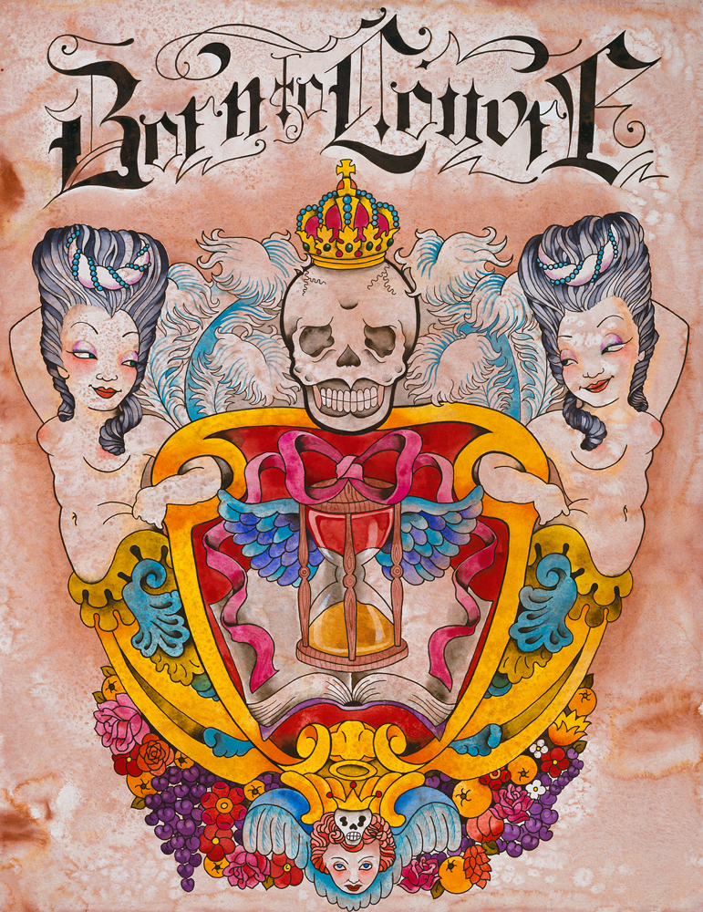 Born to Louvre Tattoo lettering skull marie antoinette hair hourglass with wings open book bow feathers cherub fruit