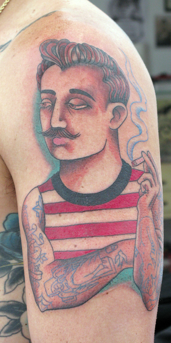 Tattooed Man with Mustache and Cigarette