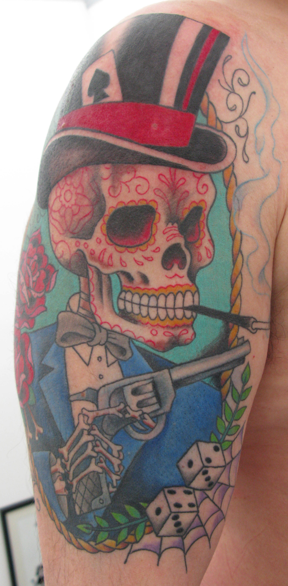 Gambler tattoo pistol cigarette top hat skull dice and cards and roses