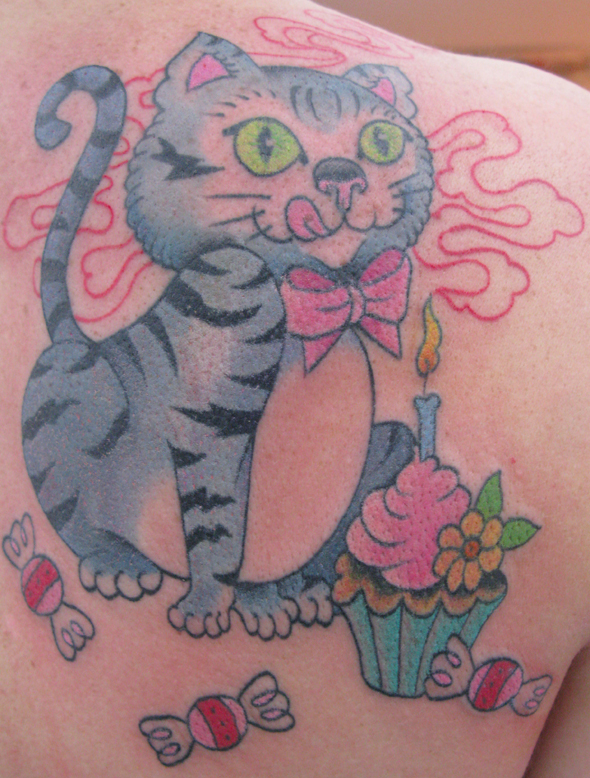 Fat Cat tattoo with cupcake